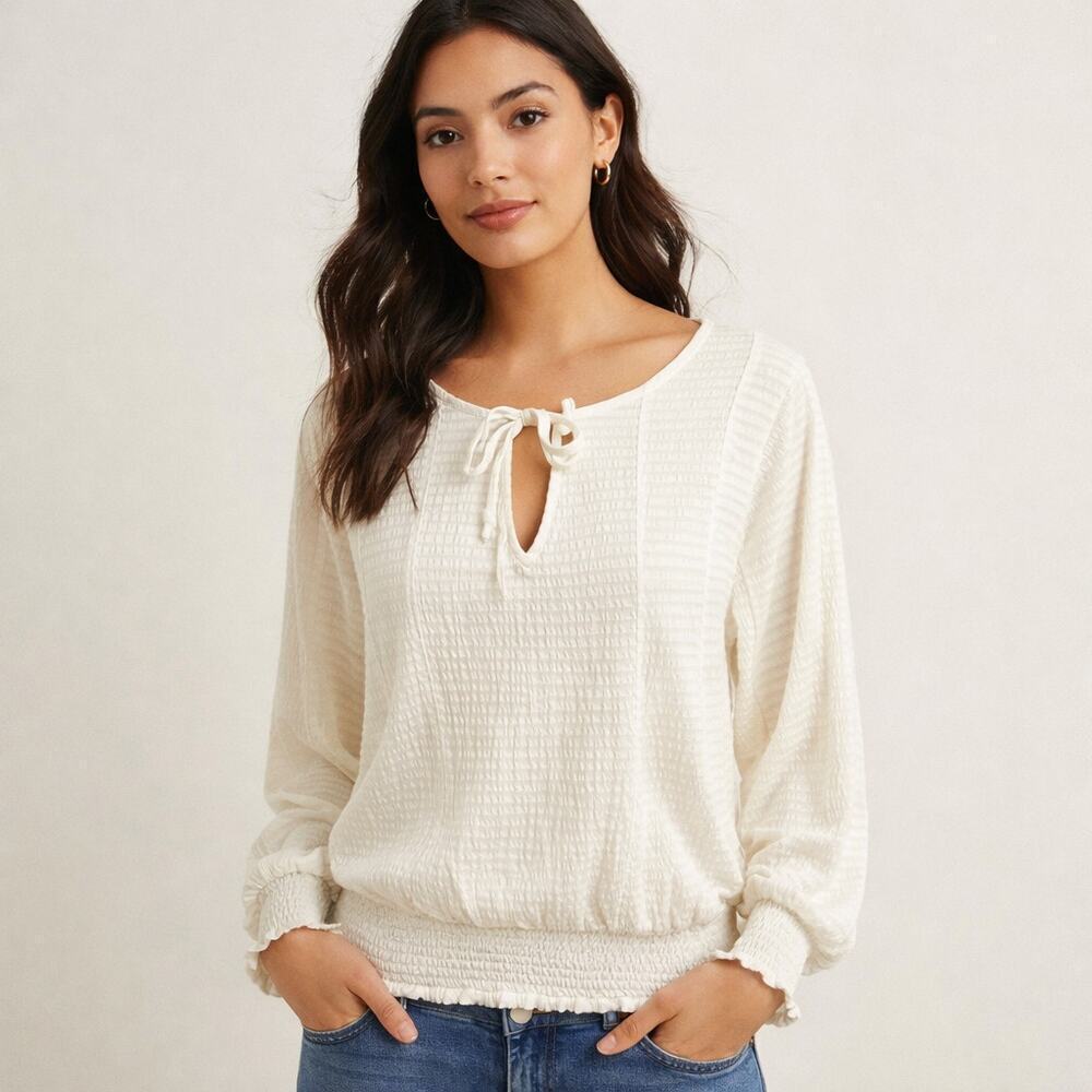 Anthro Rebecca Smocked Top XS White Blouse Stretch Fitted